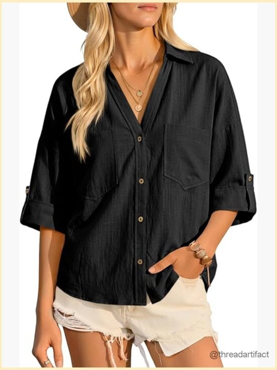 Tops - Linen Button Down Shirt V Neck Short Sleeve Casual Loose Fit Cotton Blouse Top